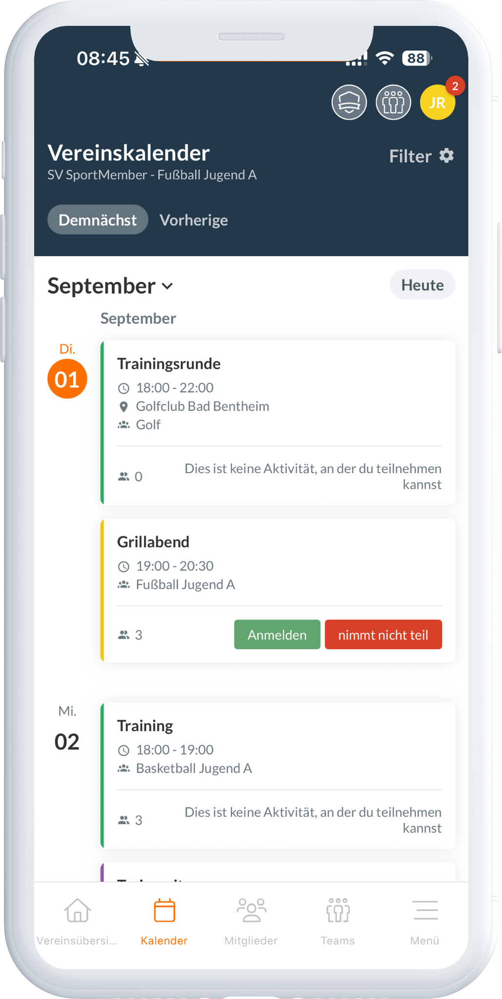 Belegungsplan des Vereins in der SportMember App